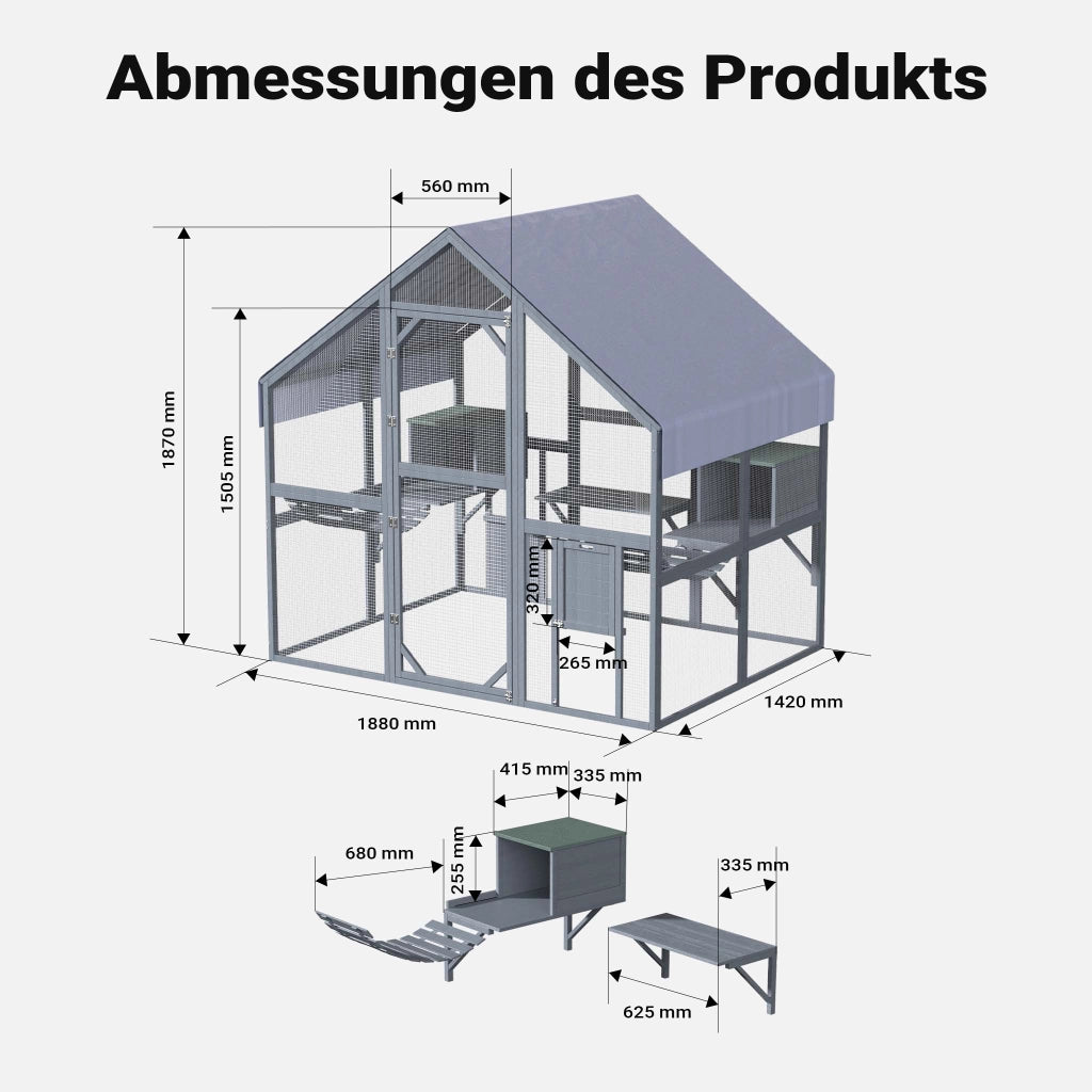 Recinto per gatti da esterno 140 x 187 x 187 cm, recinzione antifuga in legno con telo di copertura impermeabile per il tetto, diversi livelli, per giardino, balcone, terrazzo