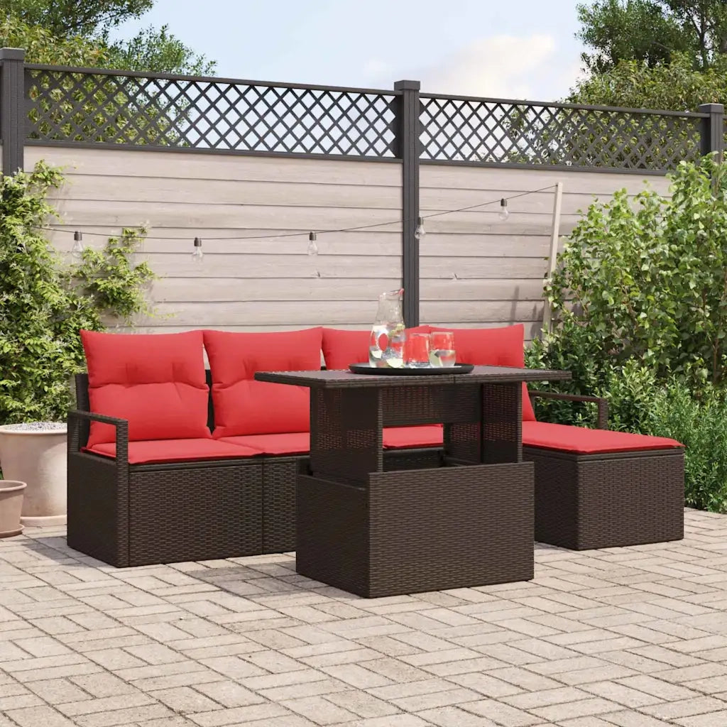Set Divano da Giardino 6 pcs Marrone e Rosso polyrattan