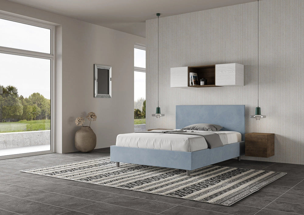 Letto Matrimoniale Francese 140x190 cm con Rete e Contenitore Adele Azzurro