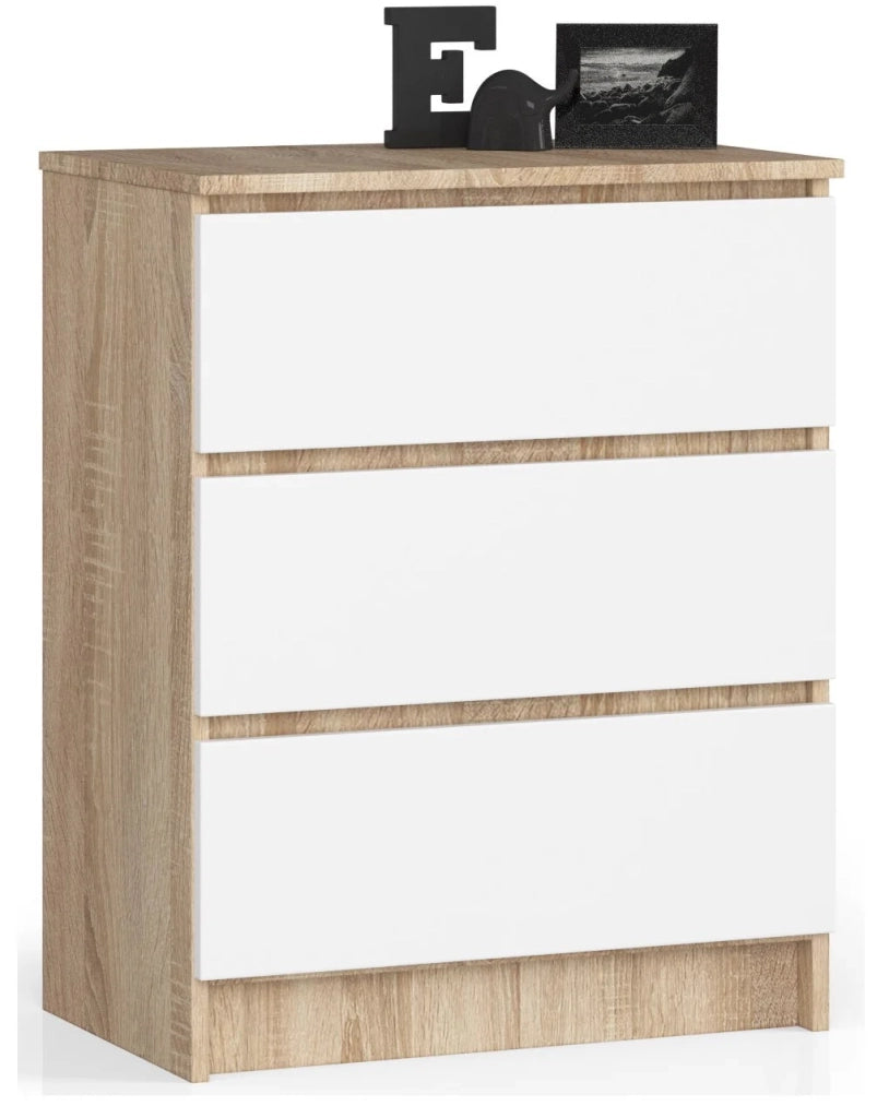 Cassettiera AKORD K60 Cassettiera Sonoma Quercia 60 cm 3 cassetti inserto frontale Bianco 60x40x77 cm