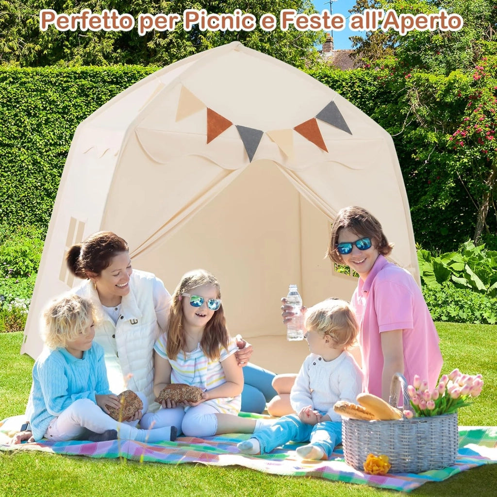 Tenda per Bambini con Luci Fatate e Bandierine, Tenda Casetta da Gioco con 2 Finestre, Tenda Gioco Castello Portatile per Interni ed Esterni, 157 x 98 x 148 cm (Beige)