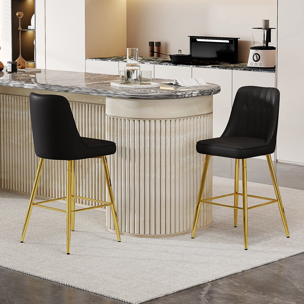Sgabelli da bar, 2 pezzi in pelle PU con schienale ergonomico, poggiapiedi e struttura in metallo nero e oro, per cucina, altezza 100 cm