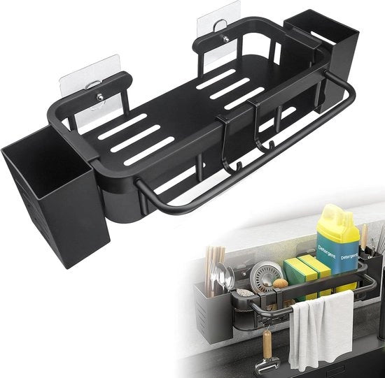Organizzatore di vasca da bagno appoggiata in inox con 2 strisce adesive - sospensione per asciugamani con supporti per stoviglie, appendi asciugamani e ganci neri