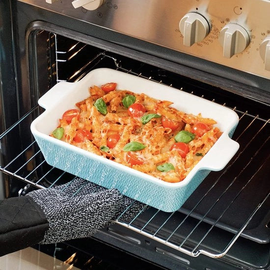 Scatola per forno grande in ceramica per lasagna, tiramisù e forno a piatto extra alta bordatura quadrata azzurra