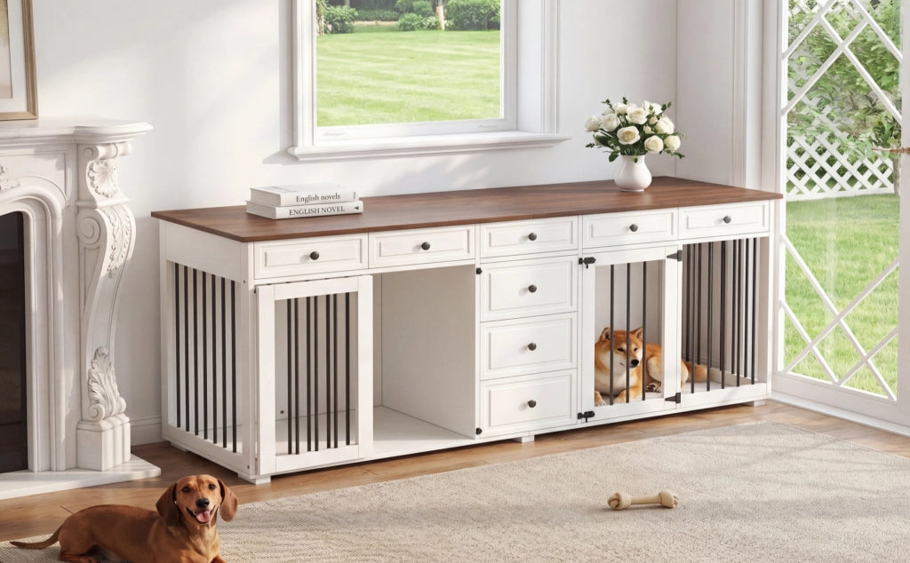 Scaffale per due cani da interno con 8 cassetti e chiusure di sicurezza in MDF e metallo bianco 200 × 60 × 85 cm