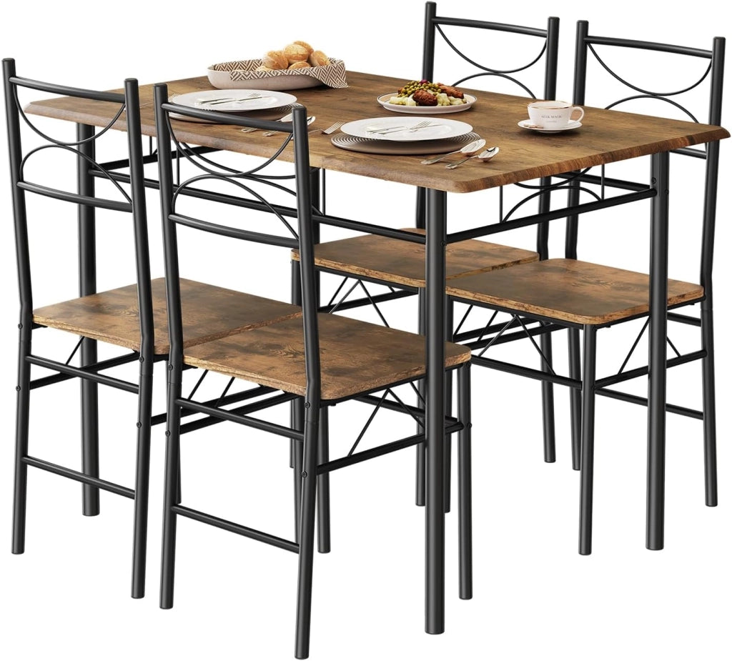 Set da Pranzo per 4 Persone, Tavolo Industriale con 4 Sedie, MDF e Struttura in Metallo, Facile da Montare e Pulire,Marrone Rustico + Nero