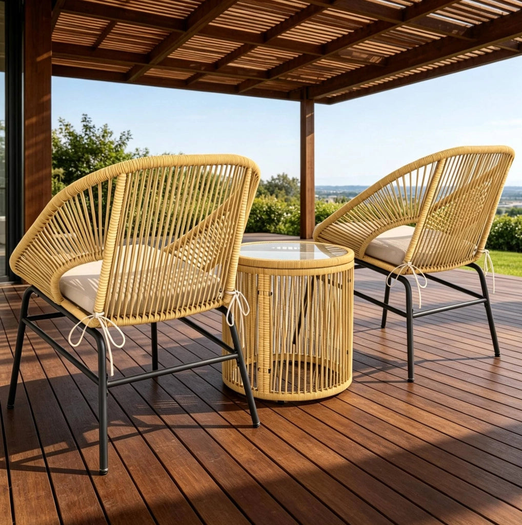 Set lounge da balcone 2 posti in rattan sintetico beige con tavolino in vetro temperato