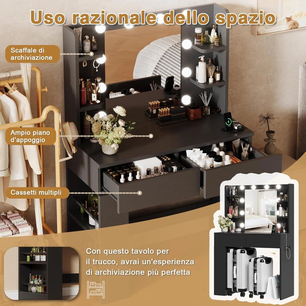 Tavolo da Trucco con Luci e Specchio, 55 x 45 cm, Comodino Moderno con Presa e Porte USB, 2 Cassetti e Scatola Laterale Regolabile, Mobile per il Make-up da Camera (Nero)