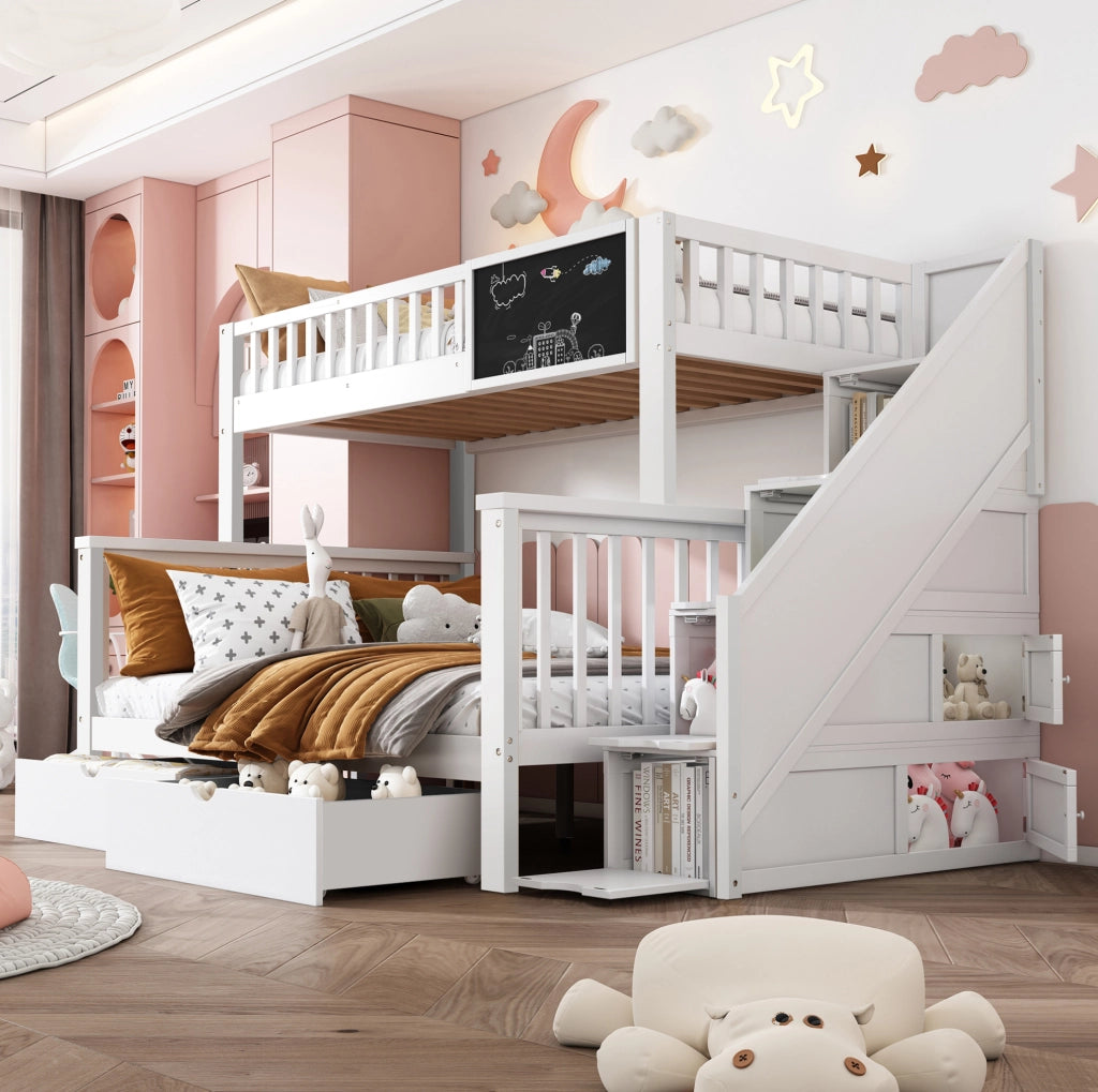 Letto a castello per bambini 90x200 e 140x200 cm con lavagna e cassetti bianco