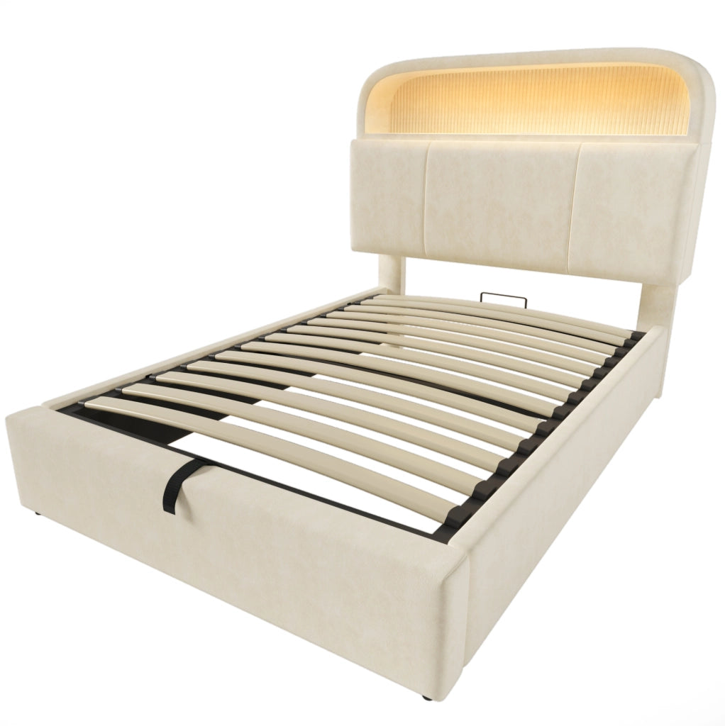Letto imbottito 90x200 cm con contenitore, LED, USB e USB-C, in velluto beige