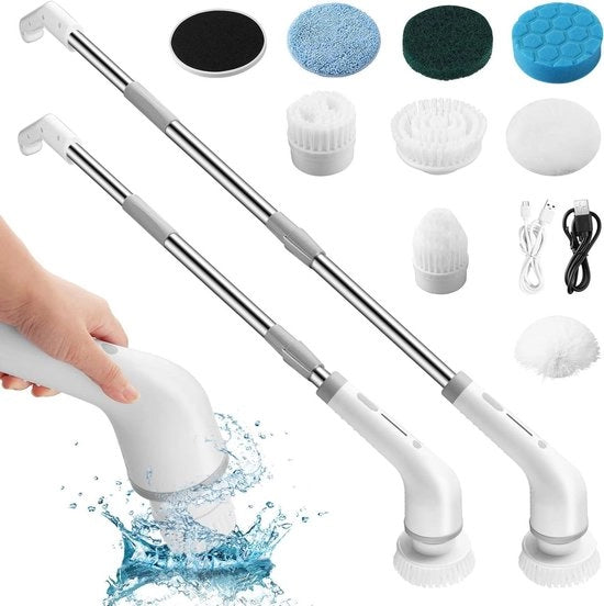 Scrubber a Multiuso - Spazzola elettrica da mano con 8 teste intercambiabili - Manico regolabile da 125 cm