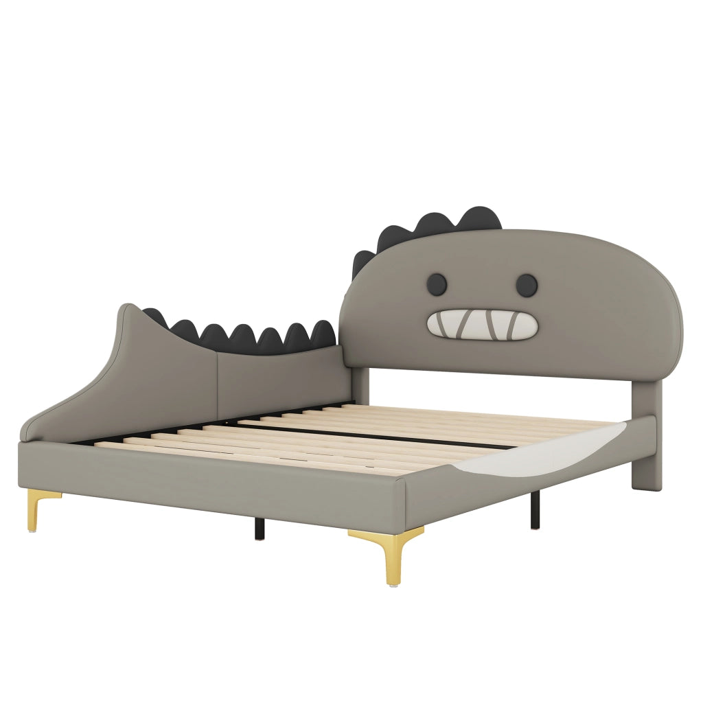 Letto per bambini 140×200 cm con testiera a dinosauro; senza materasso; pu e mdf; grigio