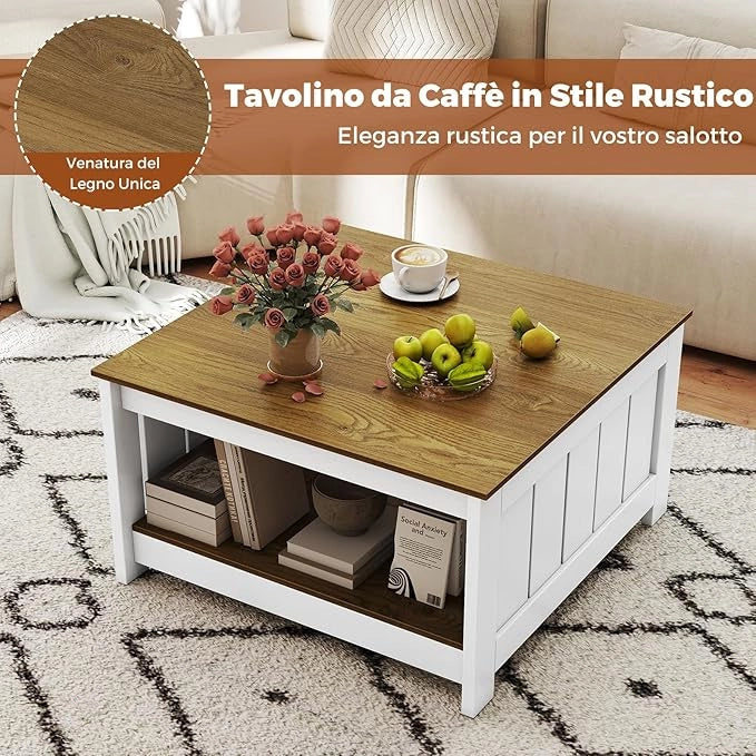 Tavolino da Salotto, Tavolino da Caffè in Legno con 2 Ripiani Aperti, Tavolo Moderno e Rettangolare per Soggiorno, Camera da Letto e Studio, Portata 160 kg, 80 x 80 x 45 cm