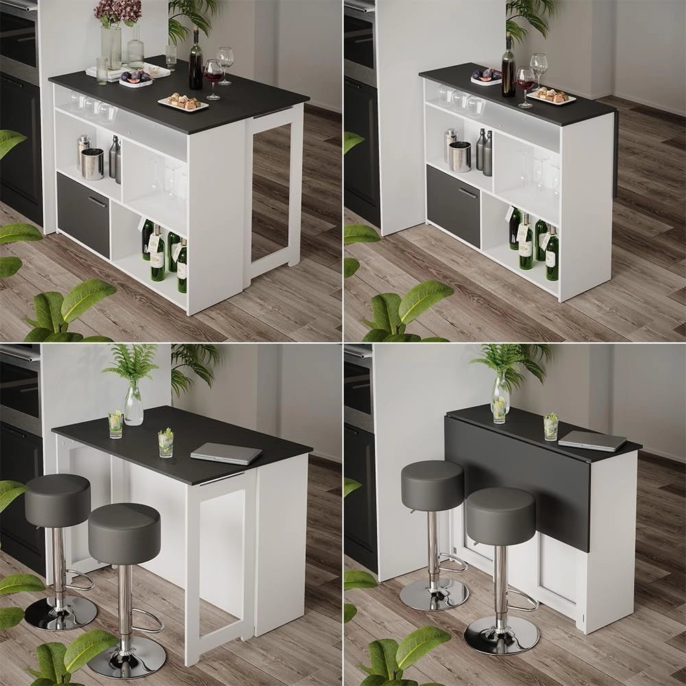 Tavolo bar alto Dominic, Antracite/bianco, 116 x 37 cm 4x scomparti aperti e 1x porta, piano del tavolo pieghevole per un utilizzo flessibile in spazi ridotti