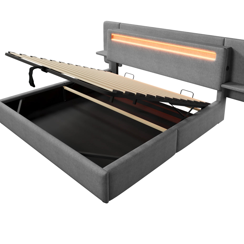 Letto imbottito 180x200 cm con contenitore ad alzata idraulica; LED multicolore e USB; grigio