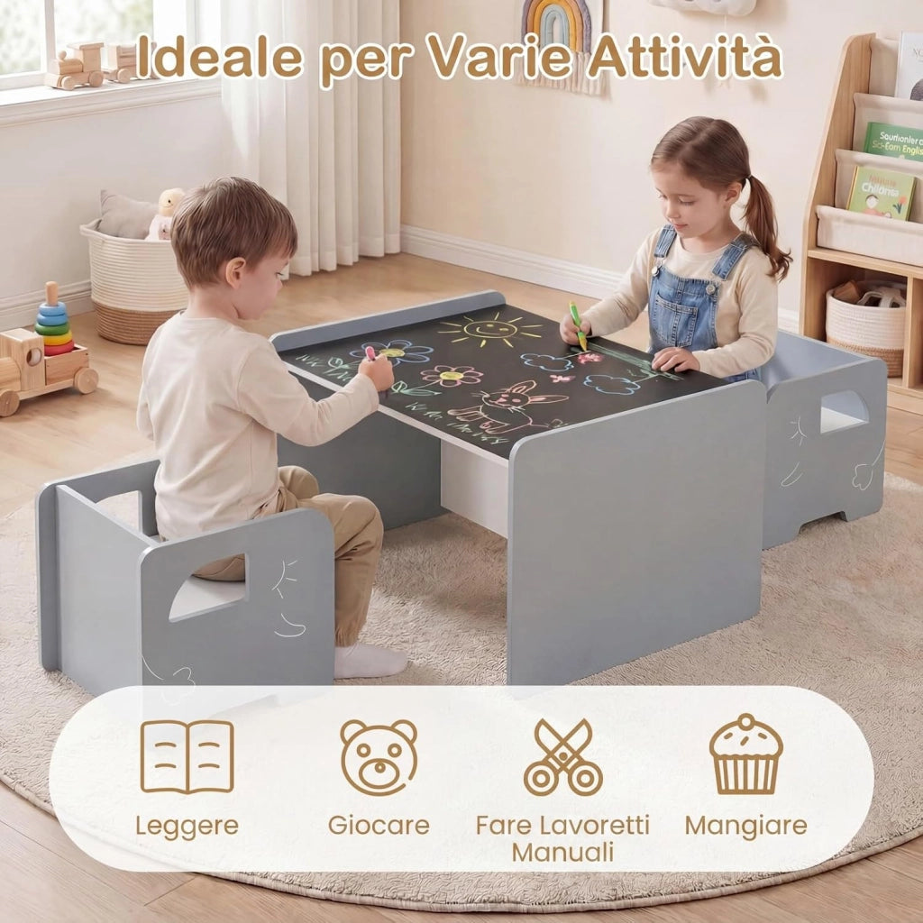 Set Tavolo e 2 Sedie per Bambini, Tavolo e Sedie Salvaspazio per Bambini 3+ Anni con Lavagna per Disegnare e Piedini Antiscivolo, per Camerette, Soggiorno e Studio (Grigio)