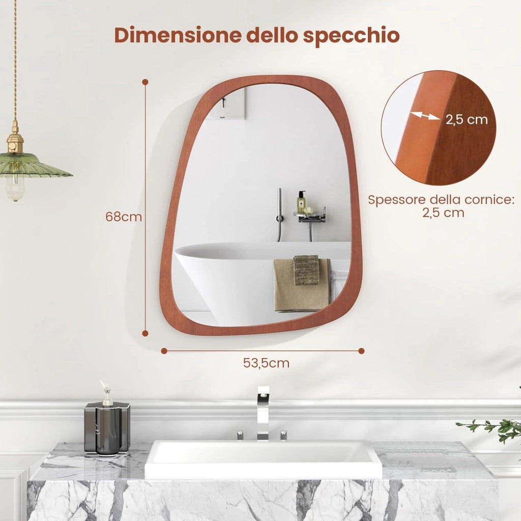 Specchio da Parete Irregolare 68 x 53,5 cm, Specchio Decorativo in HD con Cornice Rustica, Design Astratto, per Bagno Soggiorno Ingresso Sala da Pranzo (68 x 53,5 cm)