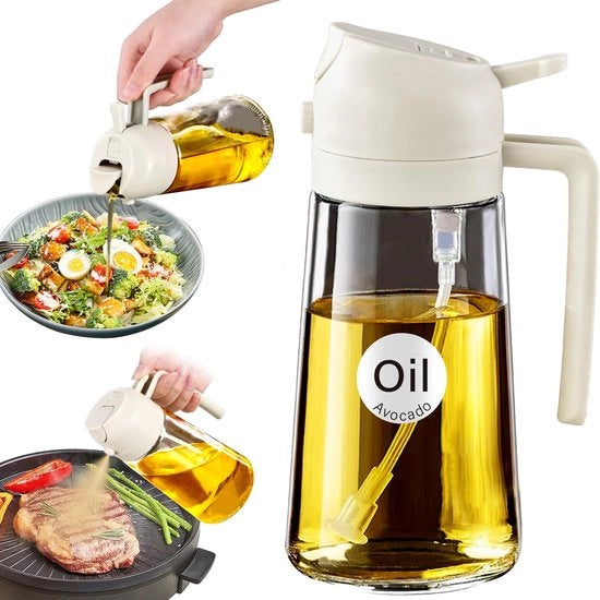 Olieverstuiver 2 in 1 per olio di cottura, 470 ml flacone sicuro per l'uso alimentare, olieverstuiver per cottura, olieverstuiver di alta qualità, olieverstuiver per air fryer (color crema)