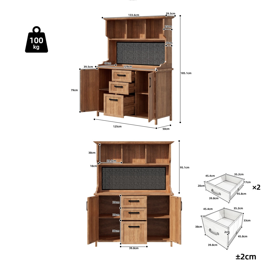 Armadio da giardino in legno; mobile per utensili da giardino in legno di abete massiccio – mobile in piedi con 3 cassetti; 3 scomparti; parete metallica perforata e mensole regolabili; per terrazza; balcone