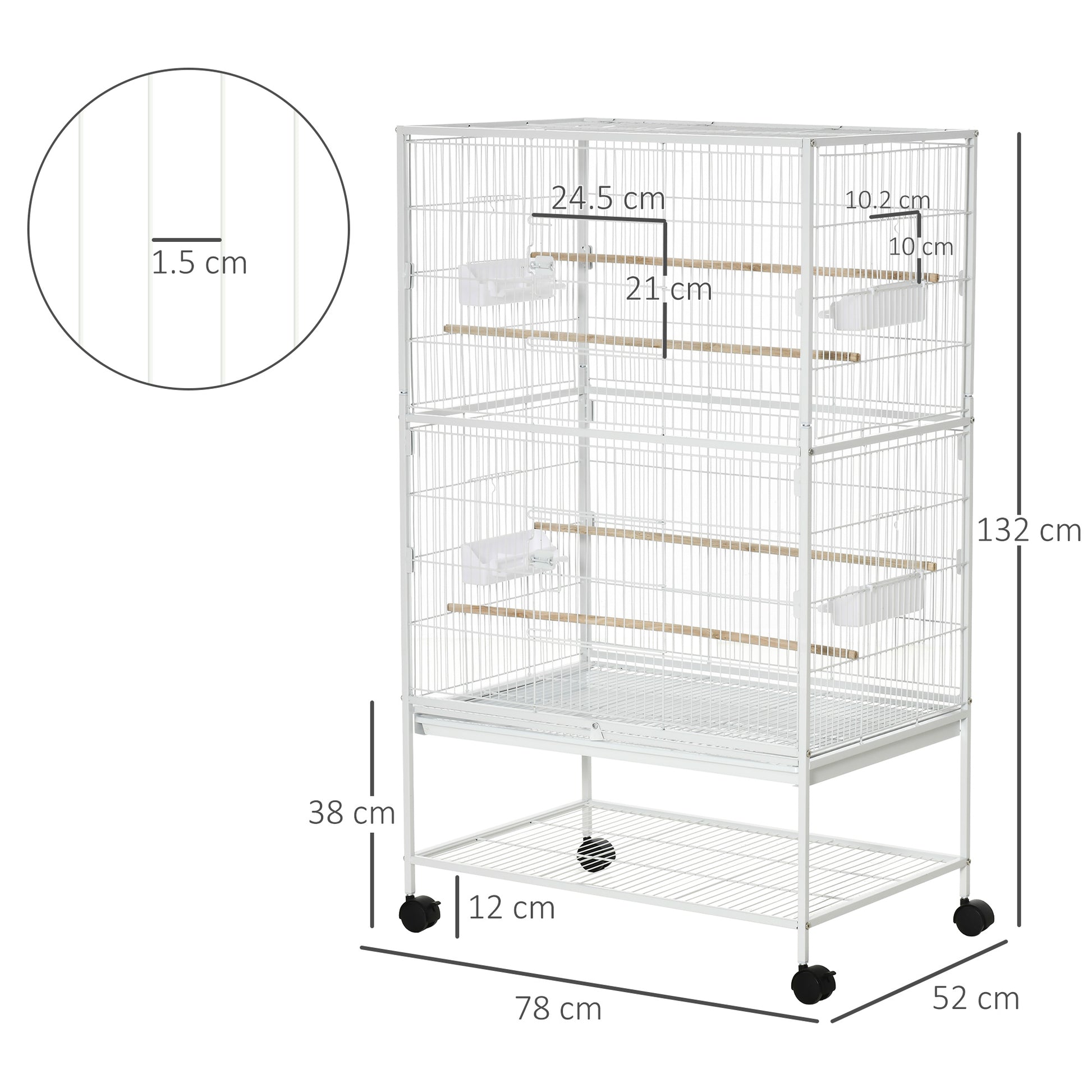 Gabbia per Uccelli da Interni 78x52x132 cm con Vassoio Estraibile 4 Ruote e Trespolo Bianco
