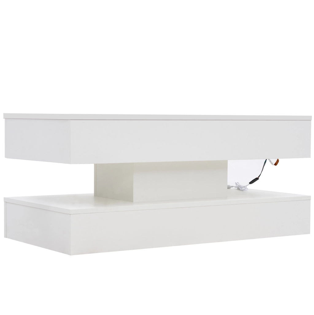 Tavolino da caffè rialzabile con LED Bluetooth; vano contenitore e prese EU; 100x50x42 cm; bianco