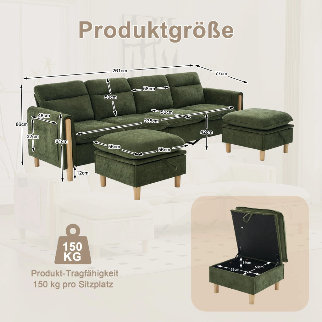 Divano panoramico a U modulare con contenitori e tasche laterali in chenille verde per famiglia 261 × 77 × 86 cm