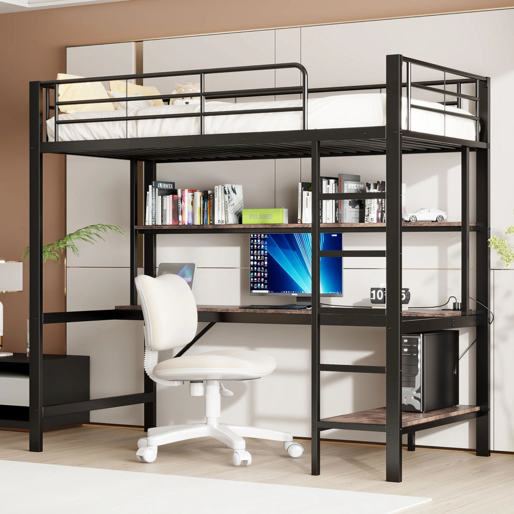 Letto a castello nero in metallo con funzione usb e presa elettrica 90x200 cm