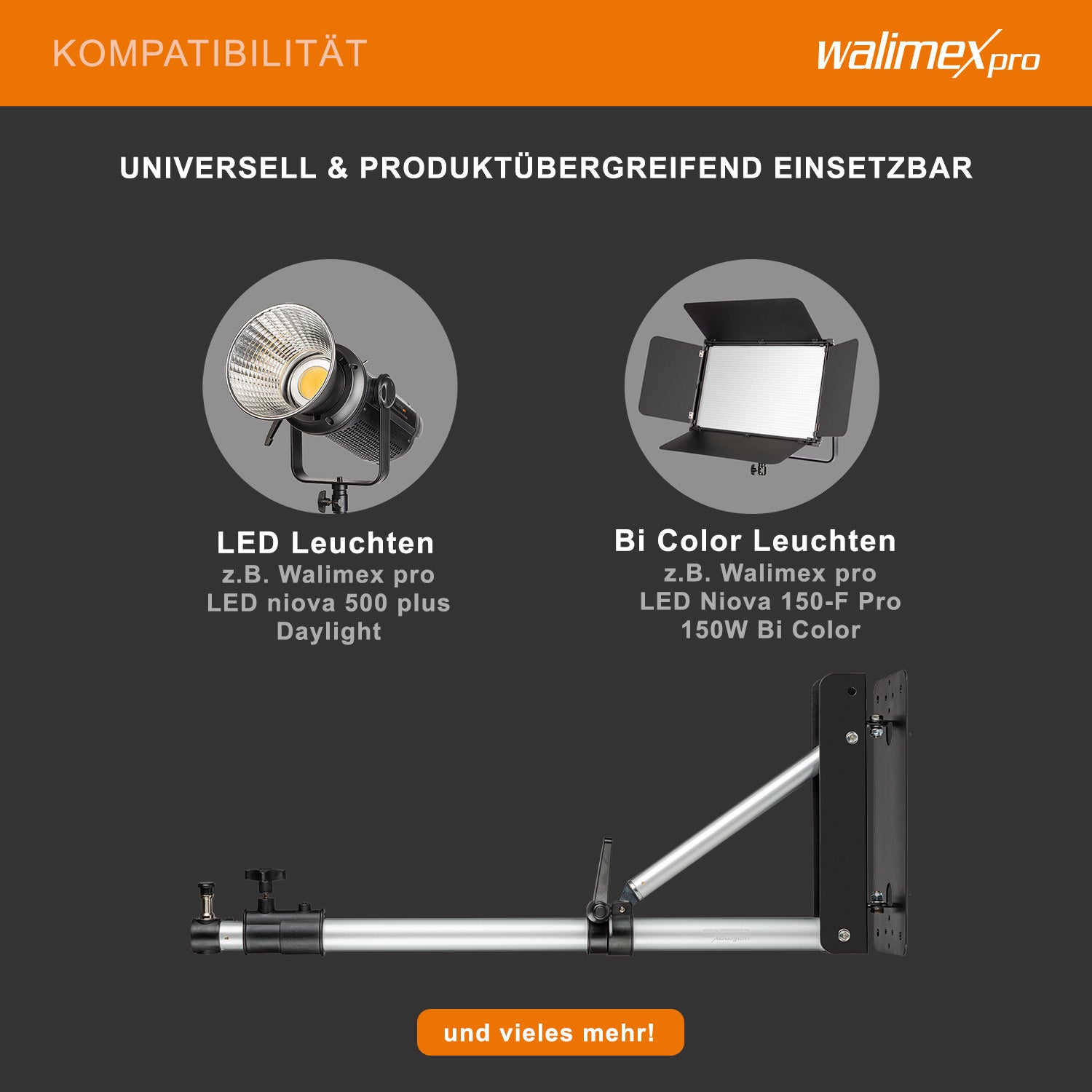Supporto a parete per illuminazione fotografica 70-120cm, 90 x 700 x 190 mm, max 6 kg, con Spigot, per faretti luci flash studio fotografico