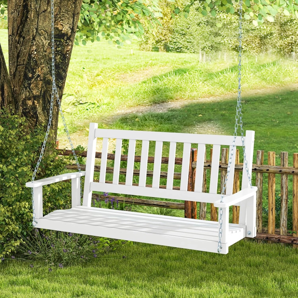 Altalena da Giardino in Legno per 2 Persone, Panchina Sospese in Legno con Capacità di Peso di 230 kg, Sedia a Dondolo per Giardino, Cortile (Bianco, 136 x 67 x 63 cm)