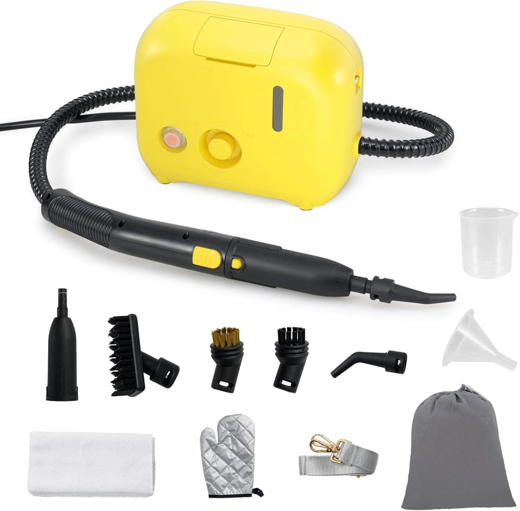 1500W Pulitore a Vapore Portatile, Vaporizzatore Domestico con Serbatoio d'Acqua 1 L (Sostenibile), Tempo Riscaldamento 10s, Macchina per Pulizia a Vapore Multiuso (Giallo)