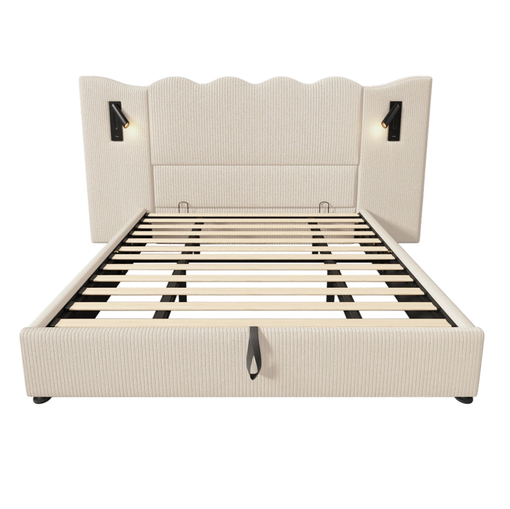 Letto matrimoniale con contenitore 180x200 cm; lampada orientabile; USB e Type-C; velluto a coste beige