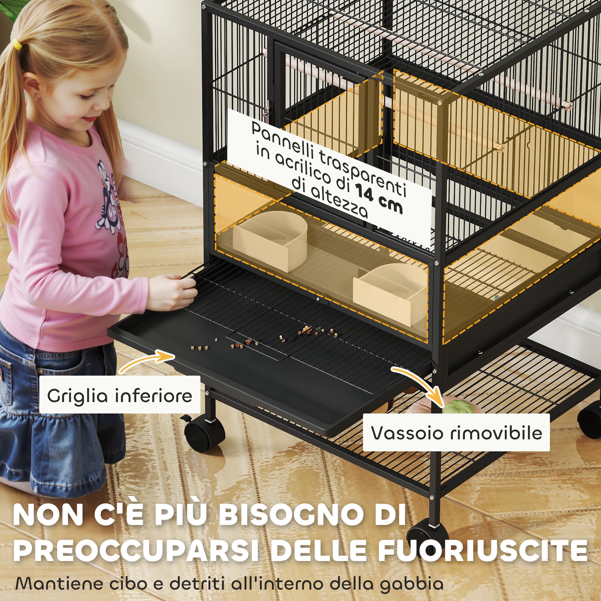 Gabbia per Uccelli 48x46x83 cm Vassoio e Griglia Rimovibili con Ripiano Portaoggetti in Acciaio e PP Nero