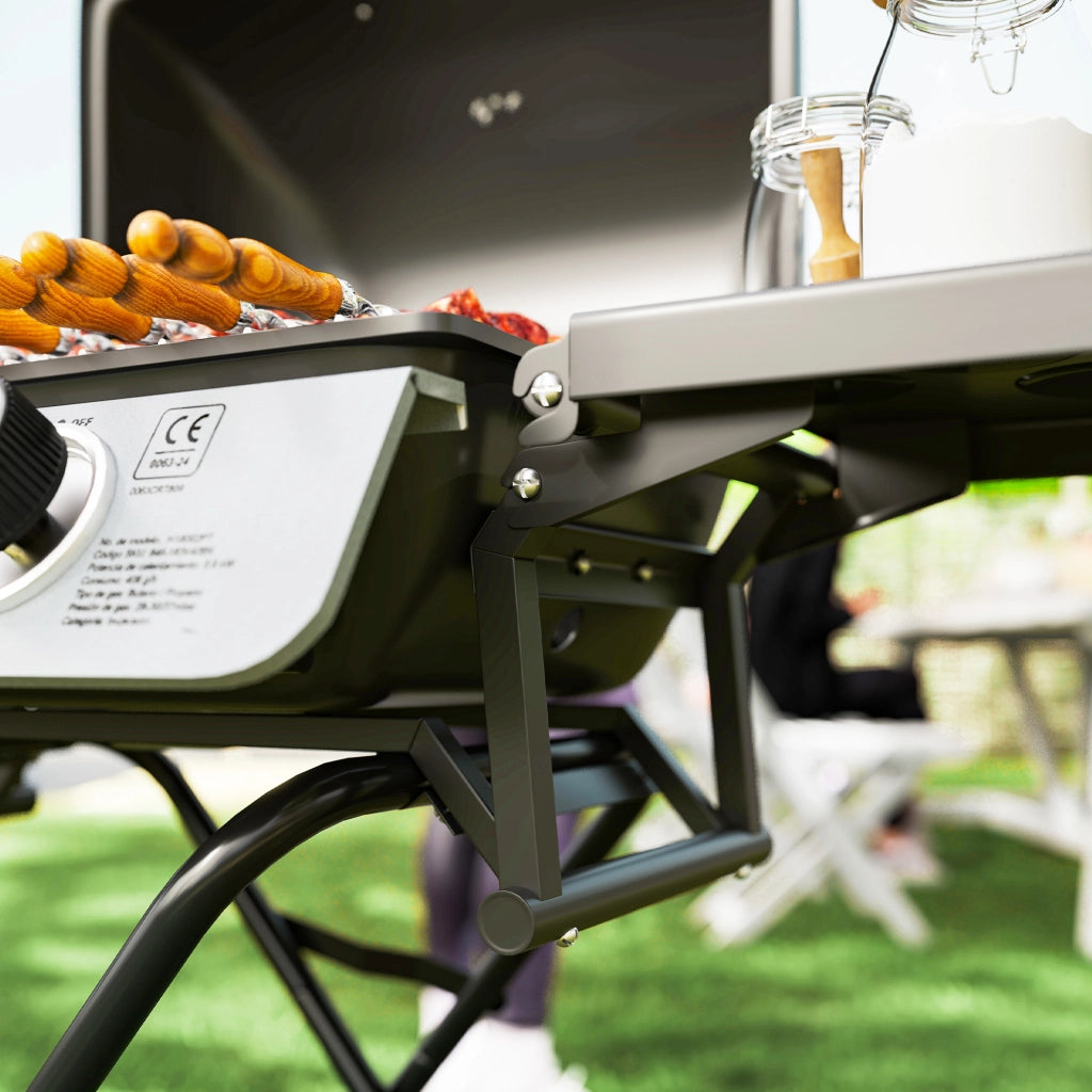 Barbecue a Gas Portatile Design a Valigia 101x50x102 cm con 2 Bruciatori e 2 Tavolini in Acciaio Nero