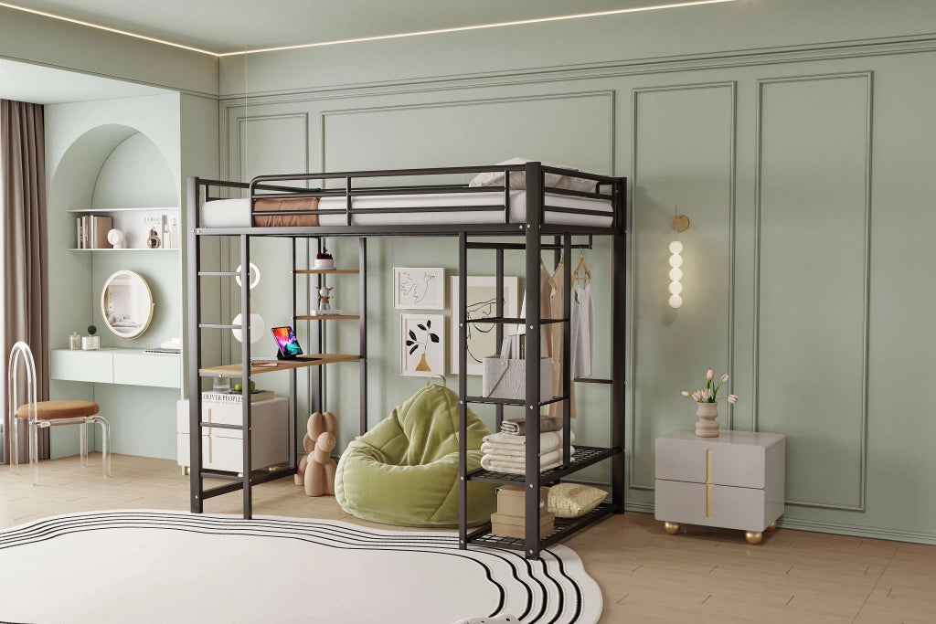 Letto a castello singolo nero con funzione di scrivania e contenitori in metallo 90x200 cm