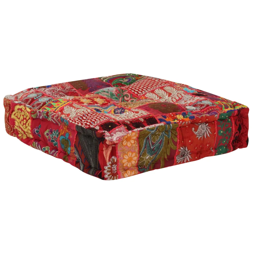 Pouf Patchwork in Cotone Fatto a Mano Quadrato 50x50x12cm Rosso 246575