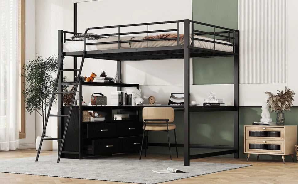 LETTO a soppalco 140x200 cm in metallo e MDF nero con scrivania a L