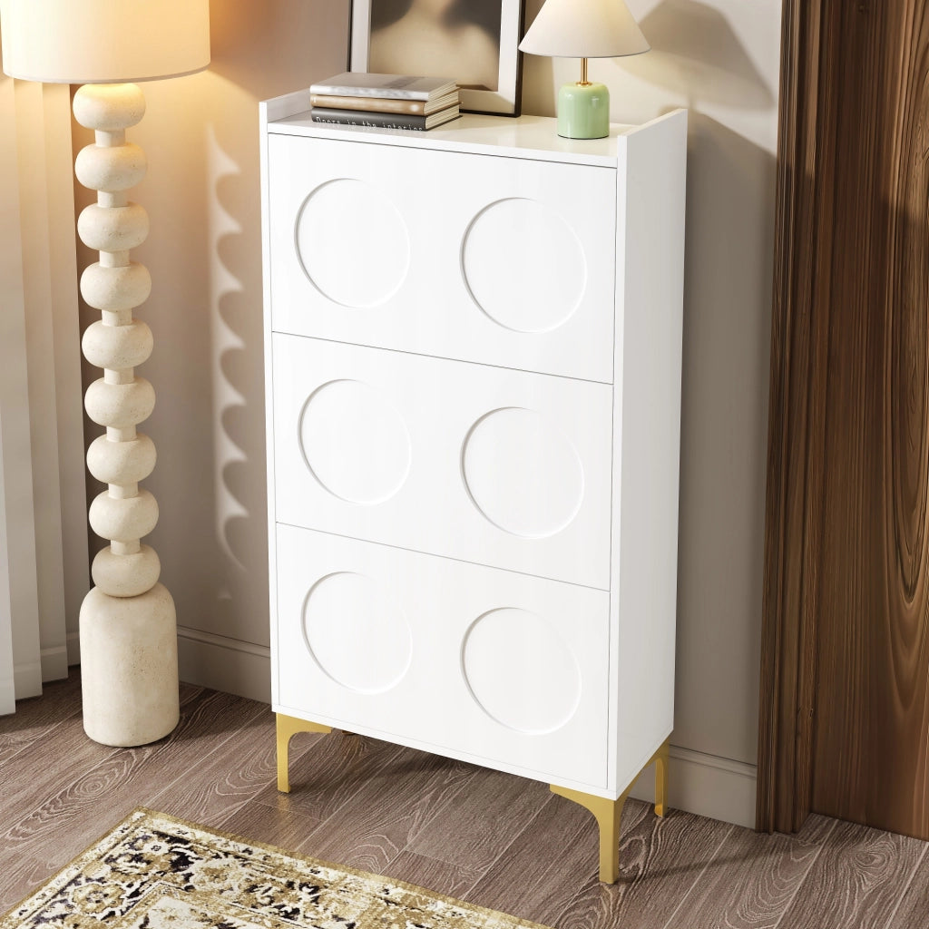 Scarpiera con 3 Scomparti e 6 Elementi in Rilievo; Piedini in Metallo Dorato; Stile Moderno; in MDF; Bianco; 63×24×120 cm