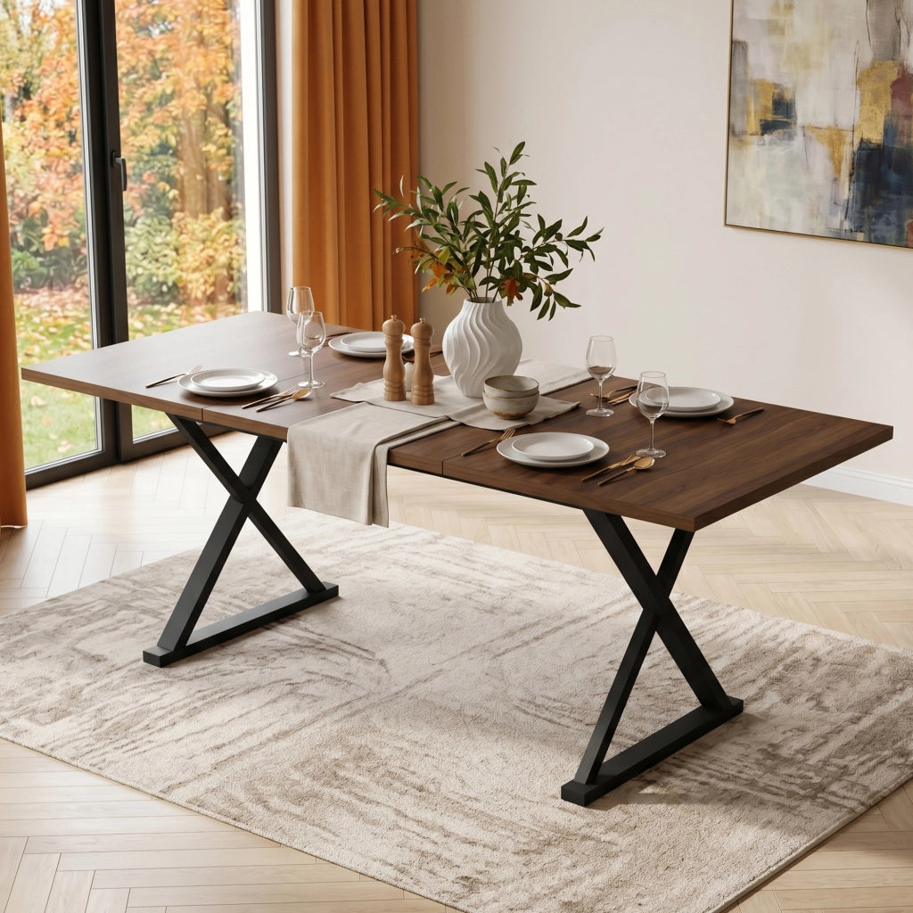 Tavolo da pranzo moderno 180×90 cm in MDF, colore noce, con gambe in metallo nere, per 6-8 persone