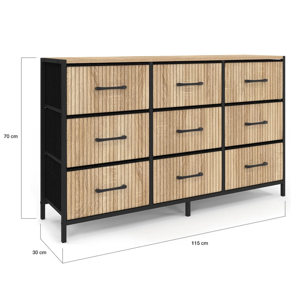 IDMarket - Cassettiera in tessuto a 9 cassetti UTAH 115 CM, mobile contenitore di design industriale con effetto a doghe