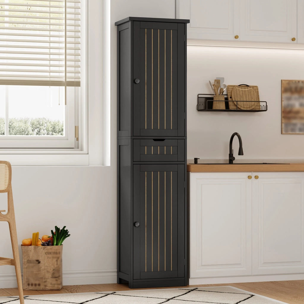 Mobile contenitore nero in MDF, 40 x 30 x 170 cm, con ante, cassetto e ripiani regolabili