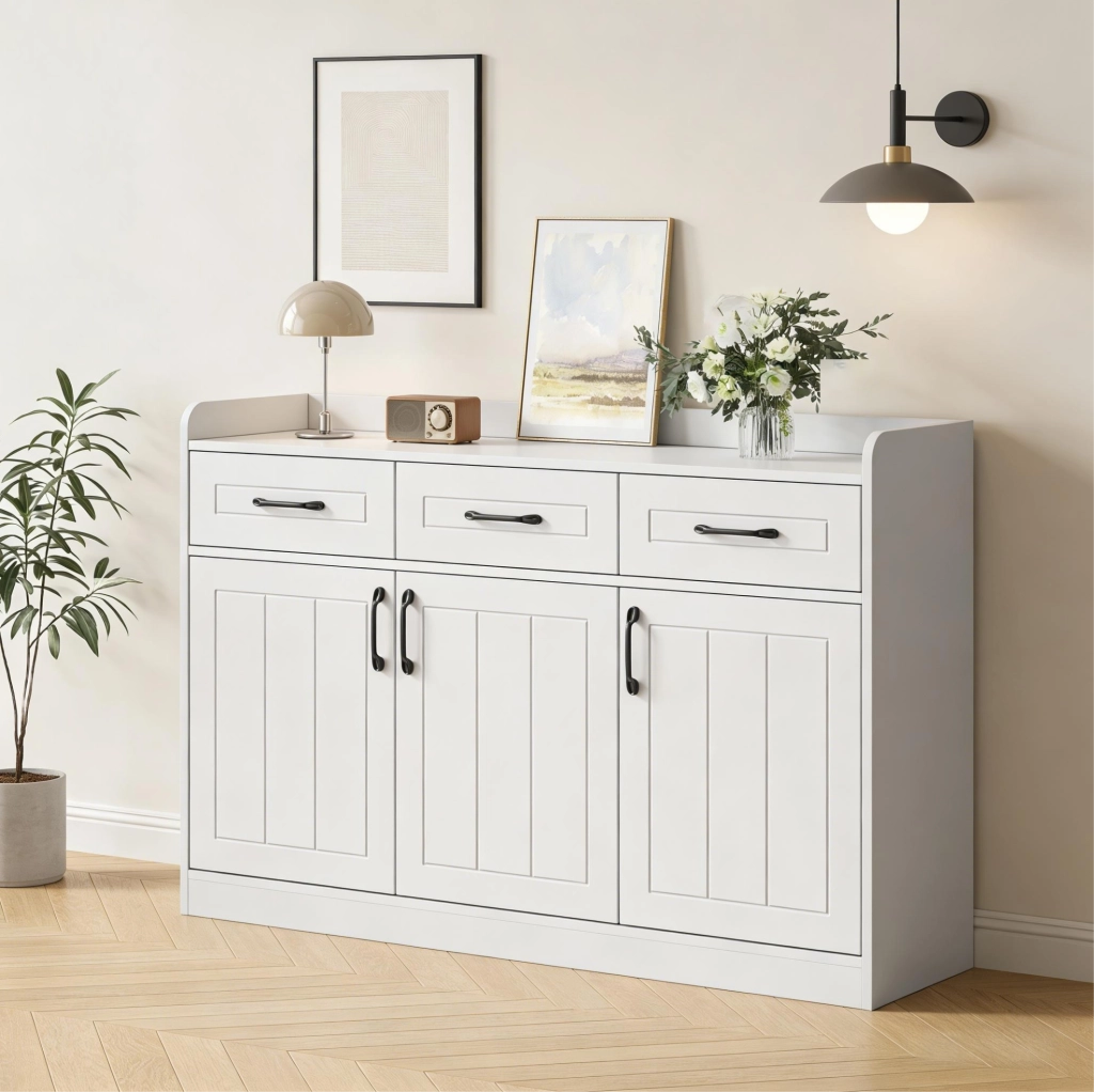 Credenza bianca 120 x 35 x 80 cm con 3 cassetti e 3 ante
