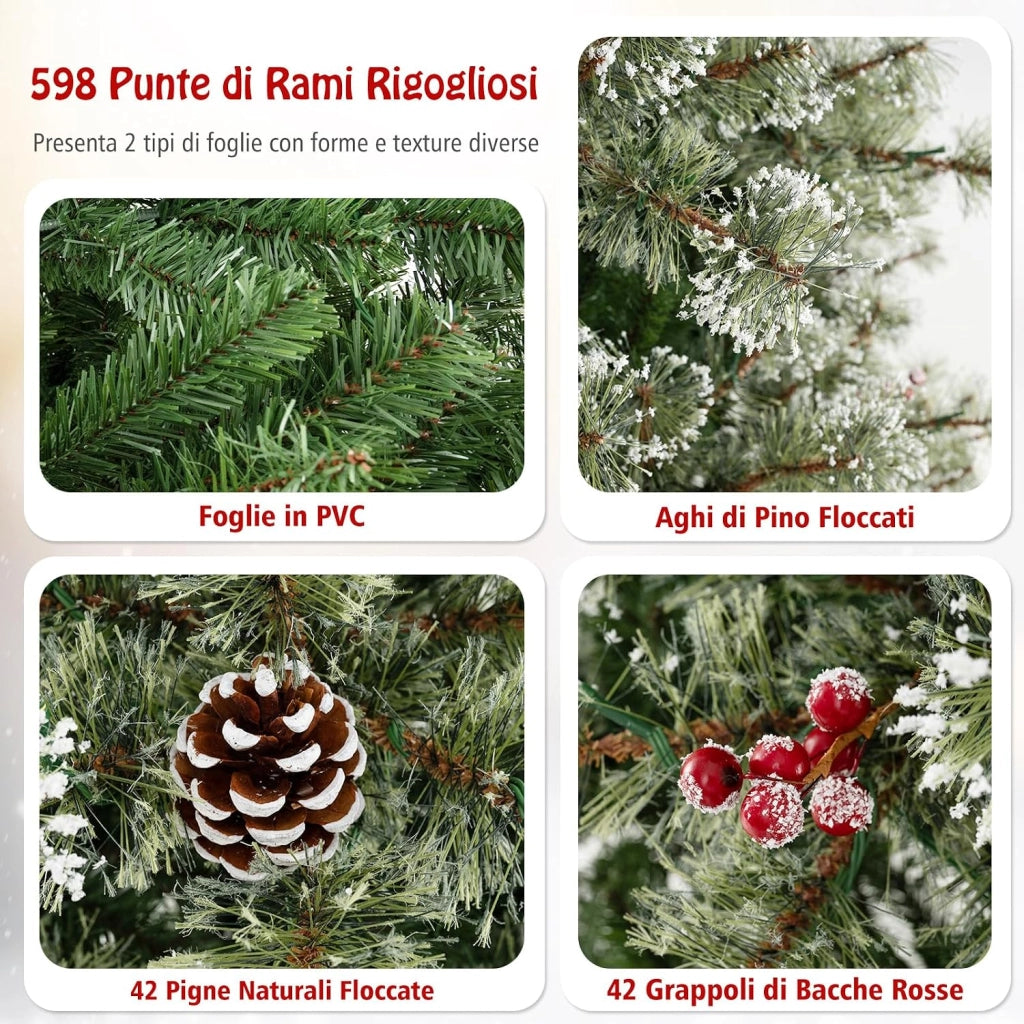 Albero di Natale Artificiale 180 CM, Albero di Natale Pre-Illuminato con 350 Luci LED Multicolore e Calde, 9 Modalità, 598 Punte di Pino, 42 Pigne e 42 Bacche Rosse