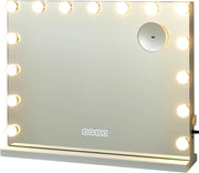 Specchio per Trucco Illuminato con 15 Lampadine Luci LED, Specchio da Toeletta Controllo Touch, per Scrivania Muro, 3 Modalità di Colore, con Altoparlante Bluetooth USB, 58x48 cm