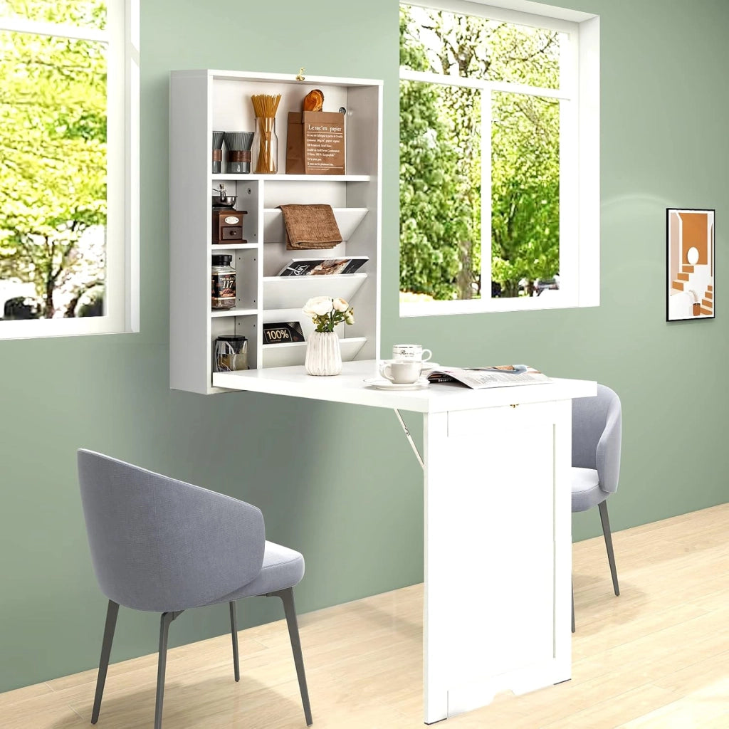 Scrivania da Parete in Legno con 7 Scomparti, Pieghevole, Scrivania per Computer, Studio, Cucina, Soggiorno, 2 Colori