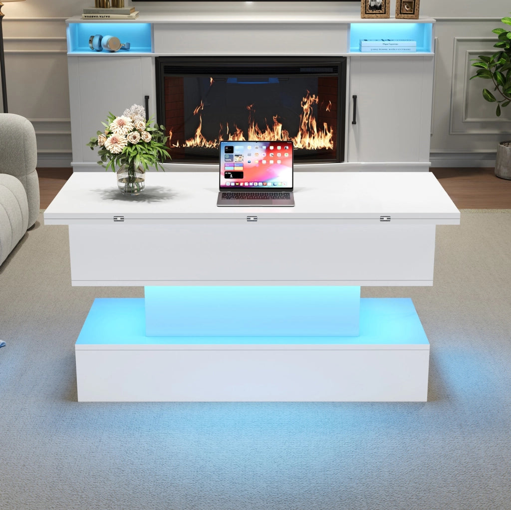 Tavolino da salotto elevabile e allungabile 100 x 50 cm; con vano contenitore; LED; USB e Type-C; bianco