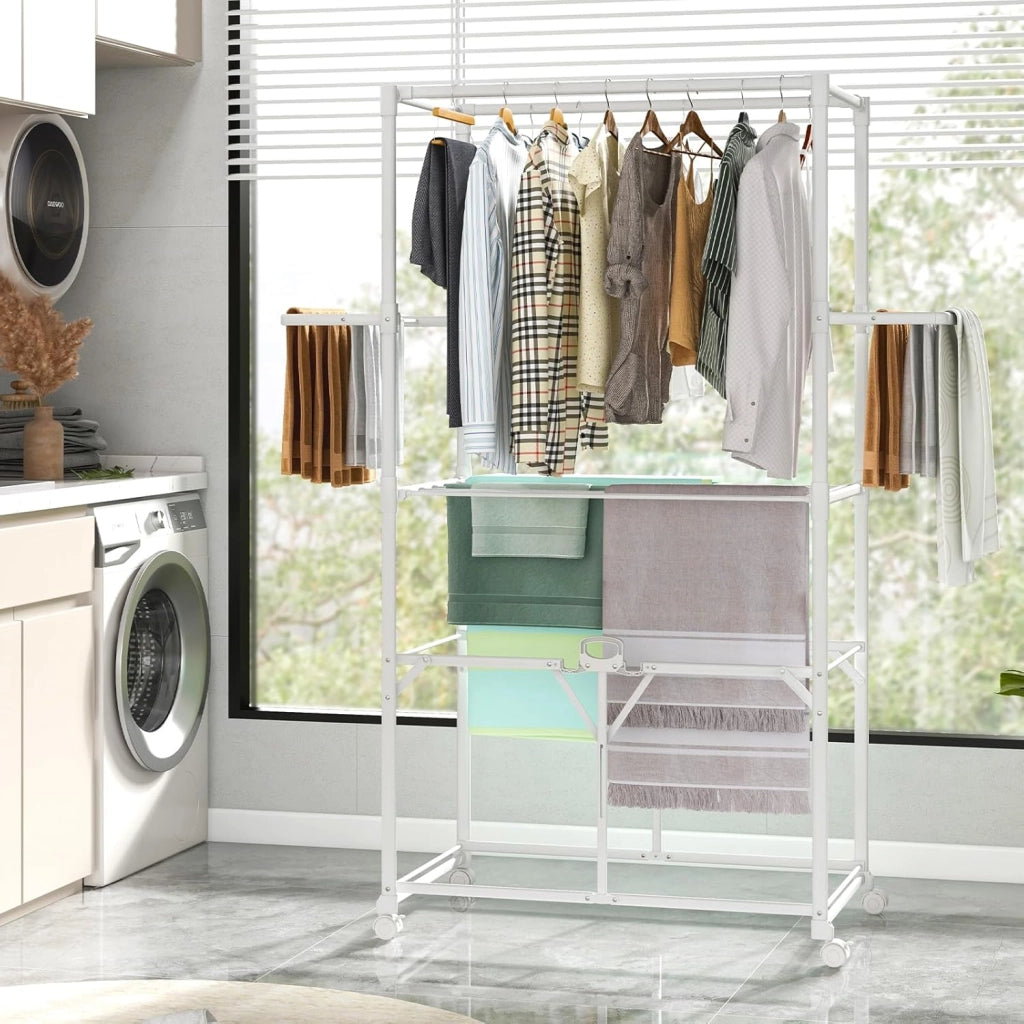 Stendibiancheria verticale pieghevole con ruote, barre sospese, 2 ali pieghevoli e ripiano estraibile, stendibiancheria portatile per interni ed esterni, 94 x 49 x 174 cm, bianco