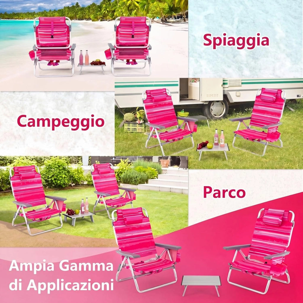 Set di 2 Sedie e Tavolino da Spiaggia Pieghevole, Schienale Regolabile a 5 Livelli, con Portatesta, Borsa Portaoggetti, Borsa Termica, per Campeggio Picnic Esterno (Rosa Scuro, Modello 2)