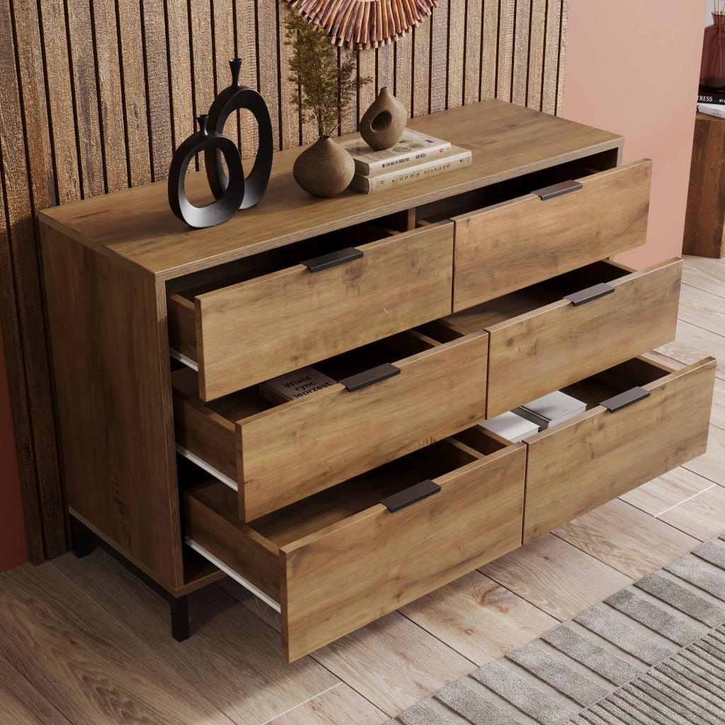Cassettiera con 6 Cassetti; Struttura in Metallo; Stile Industriale; per Camera; in Pannello Truciolare; Rovere Scuro; 120??40??76 cm