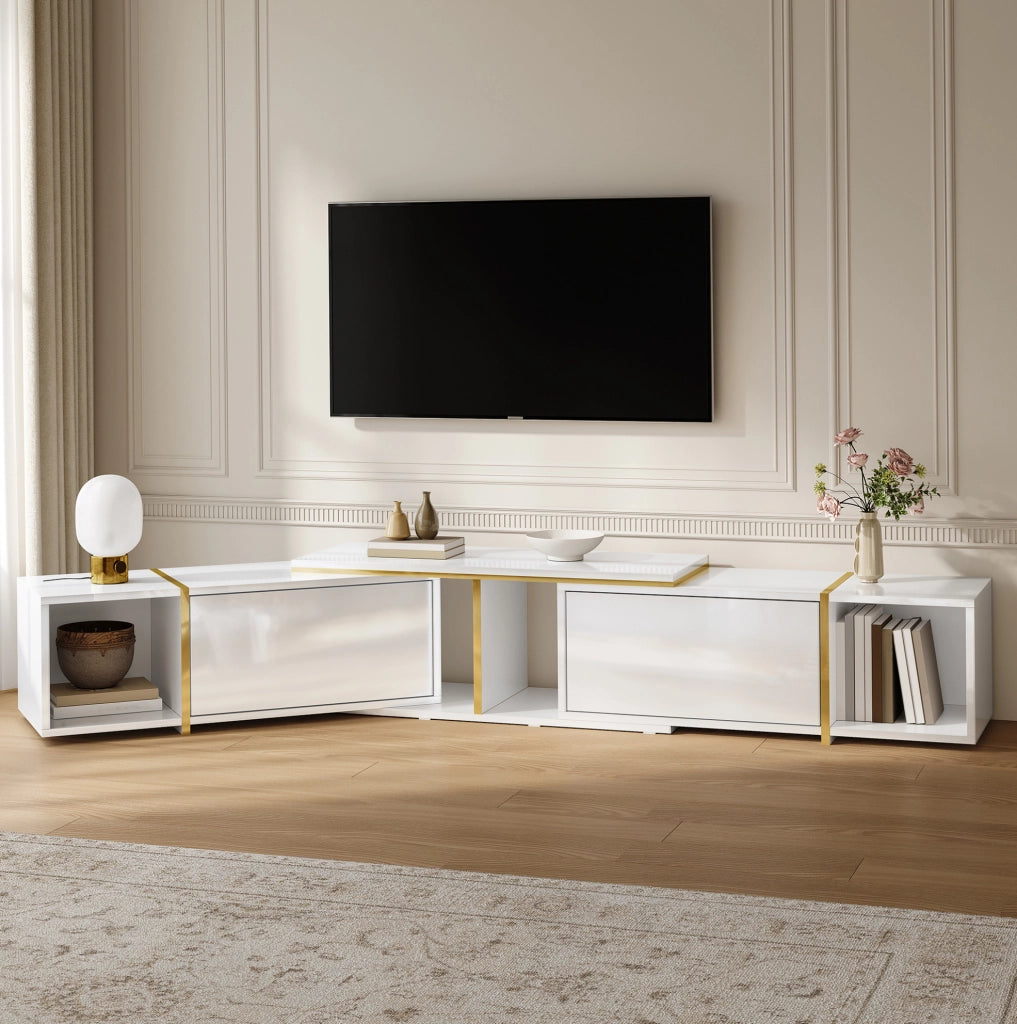 Mobile TV estensibile bianco lucido con vani aperti