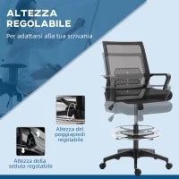 Sedia da Ufficio Regolabile in Tessuto a Rete con Braccioli e Anello Poggiapiedi, 64x59x104-124 cm, Nero
